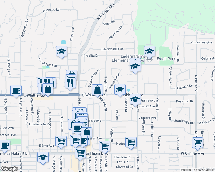map of restaurants, bars, coffee shops, grocery stores, and more near 911 Nantucket Street in La Habra