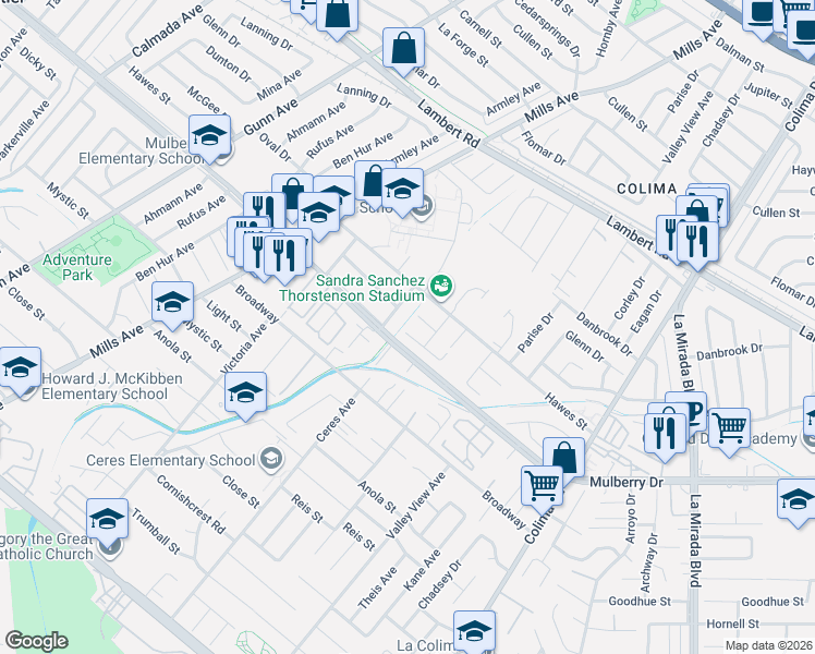 map of restaurants, bars, coffee shops, grocery stores, and more near 14504 McGee Drive in Whittier