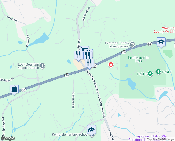 map of restaurants, bars, coffee shops, grocery stores, and more near 5188 Dallas Highway in Powder Springs