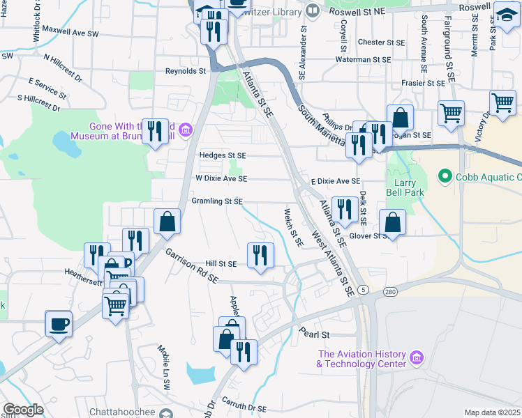 map of restaurants, bars, coffee shops, grocery stores, and more near 186 Gramling Street Southeast in Marietta