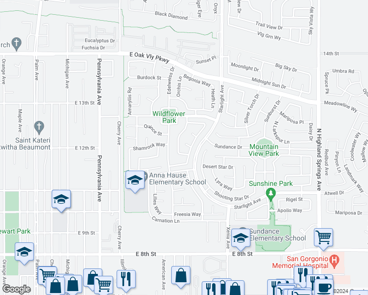 map of restaurants, bars, coffee shops, grocery stores, and more near 1465 Ardith Court in Beaumont