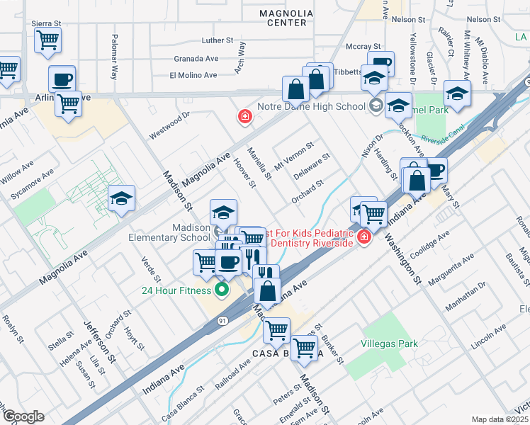 map of restaurants, bars, coffee shops, grocery stores, and more near 3620 Hoover Street in Riverside