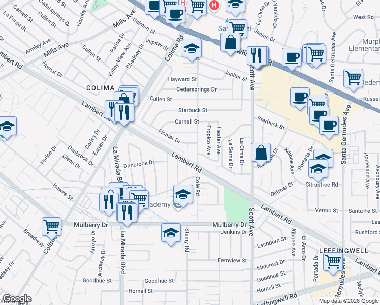 map of restaurants, bars, coffee shops, grocery stores, and more near 10309 Stamy Road in Whittier
