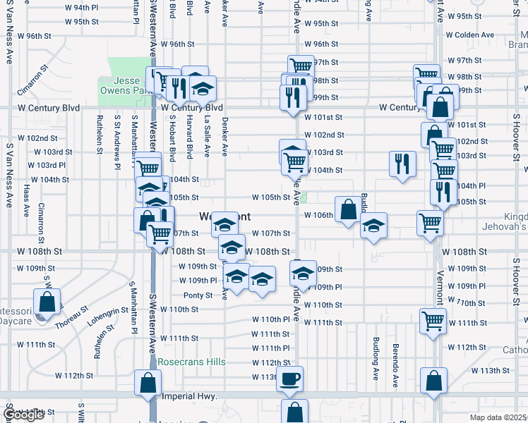 map of restaurants, bars, coffee shops, grocery stores, and more near 1455 West 106th Street in Los Angeles