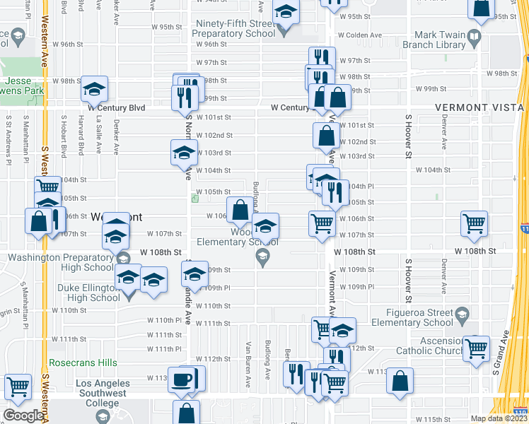 map of restaurants, bars, coffee shops, grocery stores, and more near 1153 West 106th Street in Los Angeles