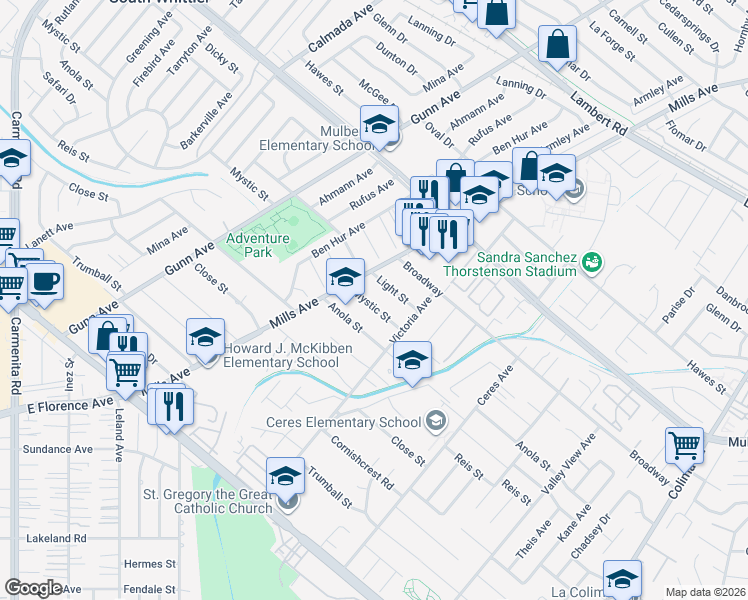 map of restaurants, bars, coffee shops, grocery stores, and more near 14037 Mystic Street in Whittier