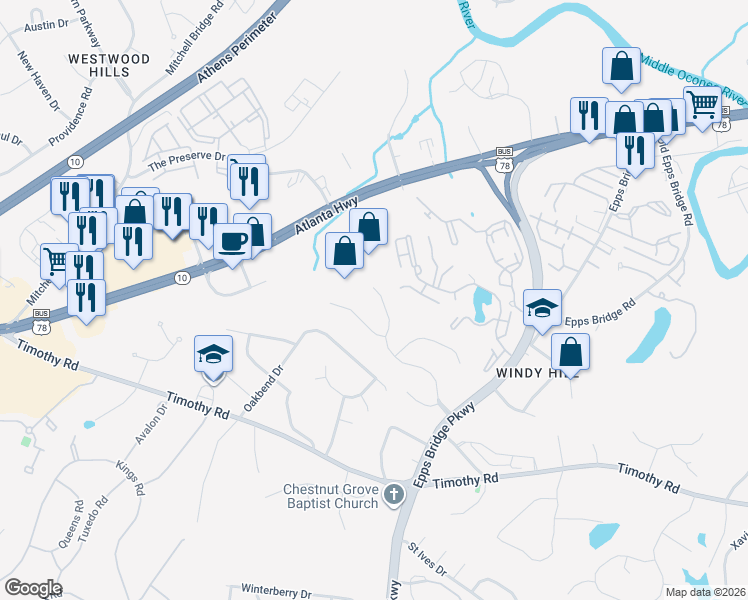 map of restaurants, bars, coffee shops, grocery stores, and more near 127 Telfair Place in Athens