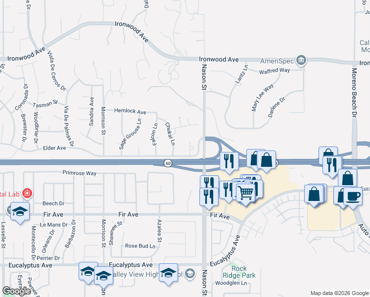 map of restaurants, bars, coffee shops, grocery stores, and more near 12461 Wolverine Circle in Moreno Valley