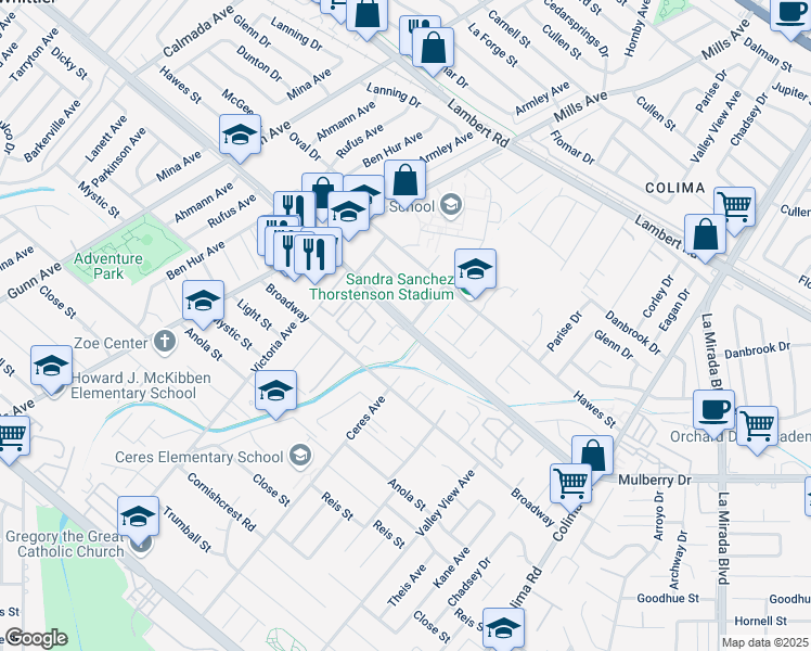 map of restaurants, bars, coffee shops, grocery stores, and more near in South Whittier