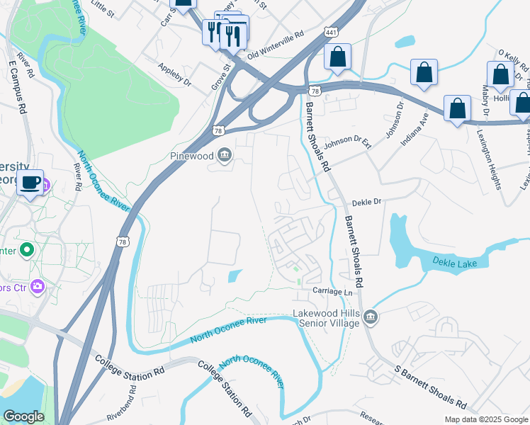 map of restaurants, bars, coffee shops, grocery stores, and more near 436 Bailey Street in Athens