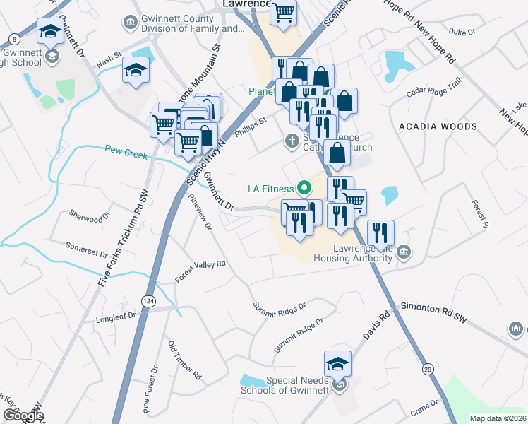 map of restaurants, bars, coffee shops, grocery stores, and more near 636-650 Gwinnett Drive in Lawrenceville