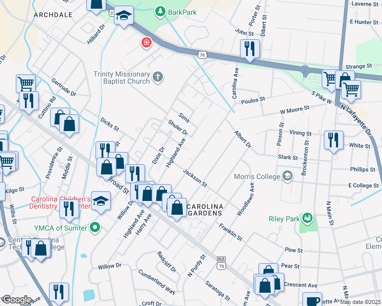map of restaurants, bars, coffee shops, grocery stores, and more near 206 Montreat Street in Sumter