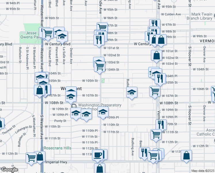 map of restaurants, bars, coffee shops, grocery stores, and more near 1331 1/2 West 106th Street in Los Angeles
