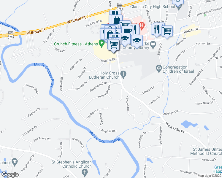 map of restaurants, bars, coffee shops, grocery stores, and more near 135 Pine Valley Drive in Athens