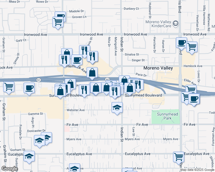 map of restaurants, bars, coffee shops, grocery stores, and more near 24391 Postal Avenue in Moreno Valley