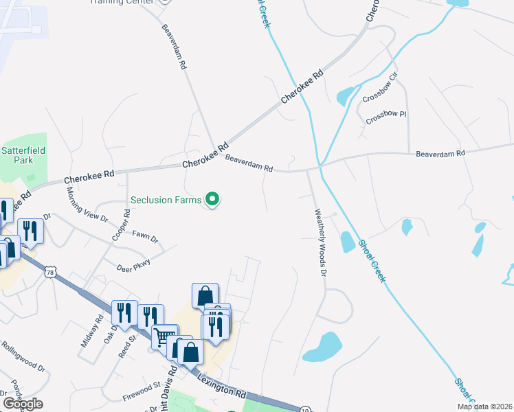 map of restaurants, bars, coffee shops, grocery stores, and more near 140 Pine Creek Way in Winterville