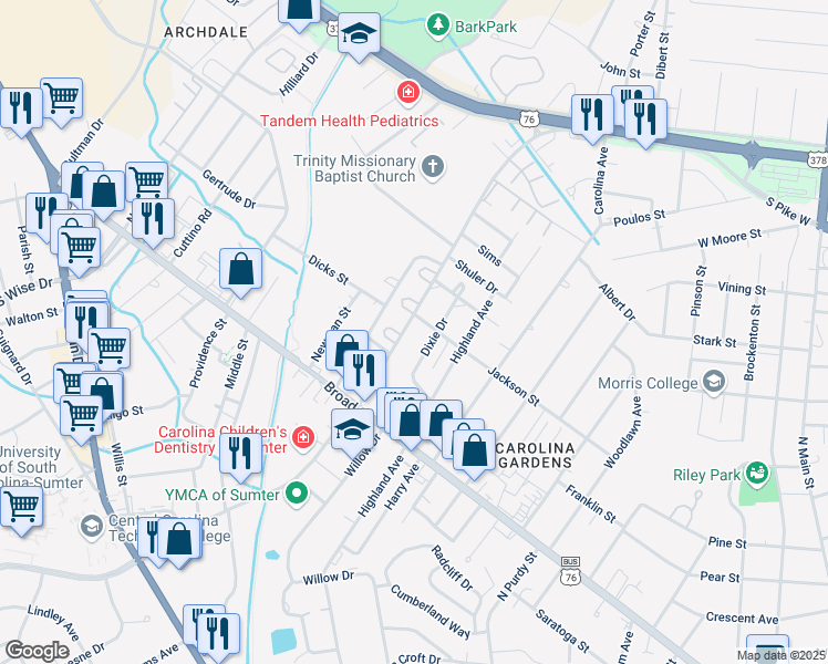 map of restaurants, bars, coffee shops, grocery stores, and more near 643 Miller Road in Sumter