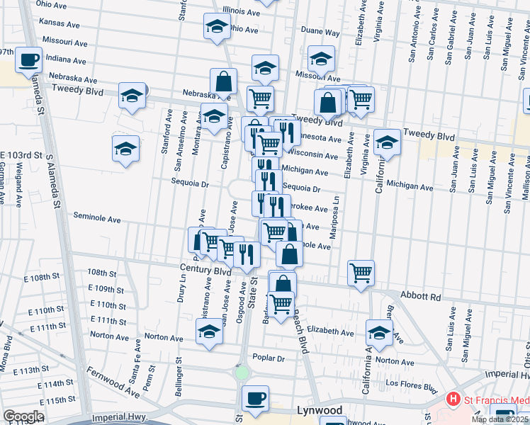map of restaurants, bars, coffee shops, grocery stores, and more near 10349 Long Beach Boulevard in Lynwood