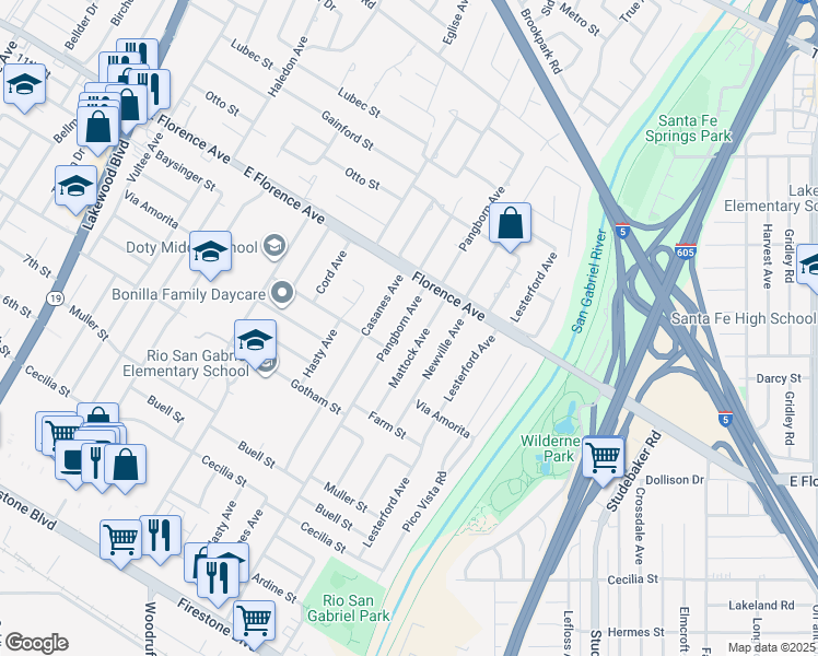 map of restaurants, bars, coffee shops, grocery stores, and more near 10248 Pangborn Avenue in Downey