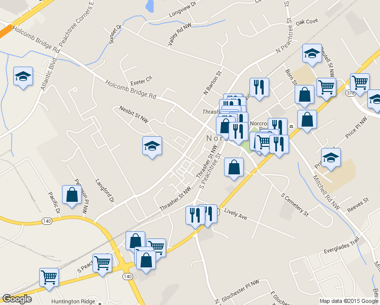 map of restaurants, bars, coffee shops, grocery stores, and more near 301 West Peachtree Street in Norcross