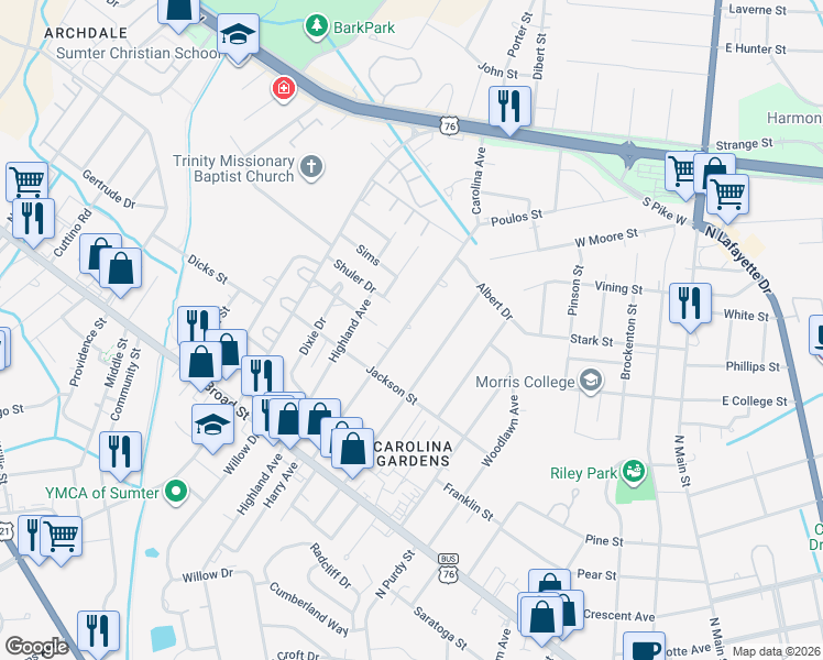 map of restaurants, bars, coffee shops, grocery stores, and more near 133 Carolina Avenue in Sumter