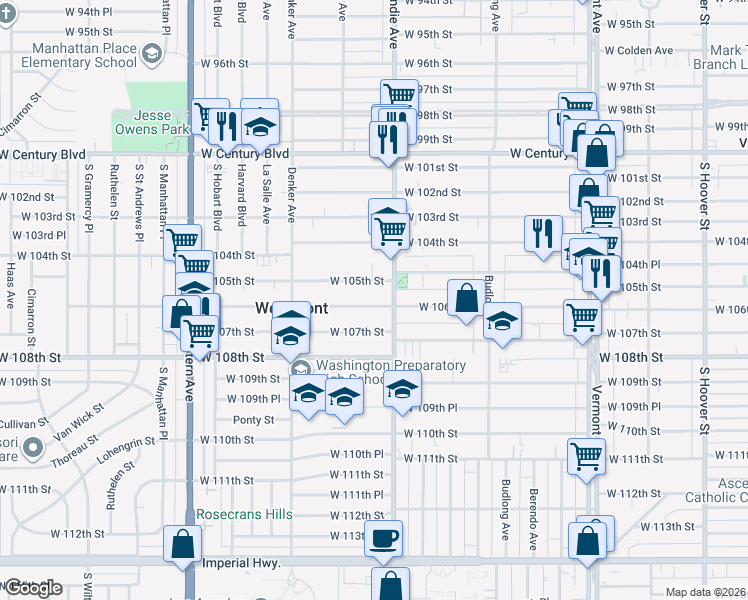 map of restaurants, bars, coffee shops, grocery stores, and more near 1340 West 106th Street in Los Angeles