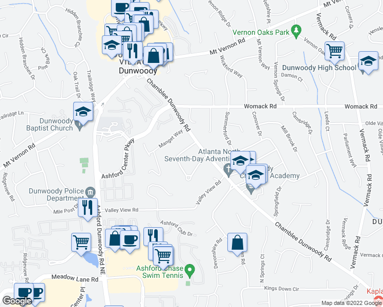 map of restaurants, bars, coffee shops, grocery stores, and more near 1417 Nerine Circle in Dunwoody