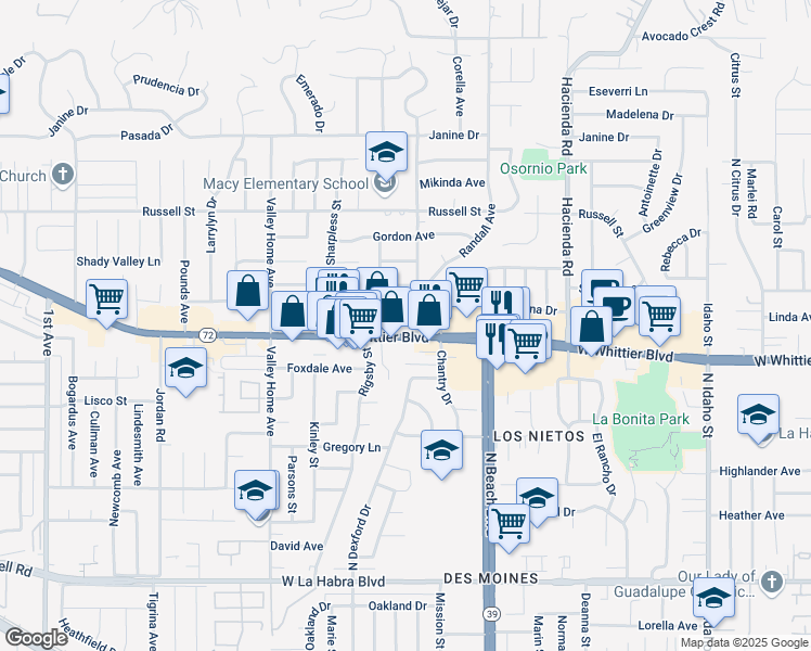 map of restaurants, bars, coffee shops, grocery stores, and more near 1362 Macy Street in La Habra