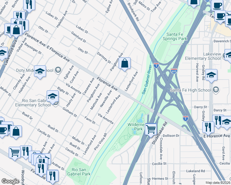 map of restaurants, bars, coffee shops, grocery stores, and more near 9620 Florence Avenue in Downey