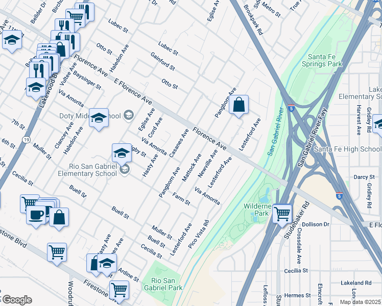 map of restaurants, bars, coffee shops, grocery stores, and more near 10248 Pangborn Avenue in Downey