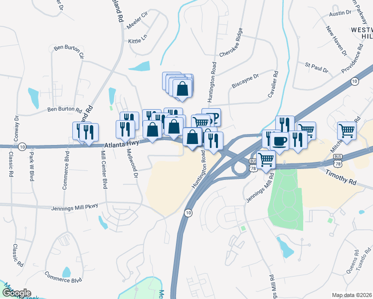 map of restaurants, bars, coffee shops, grocery stores, and more near 3703 Atlanta Highway in Bogart