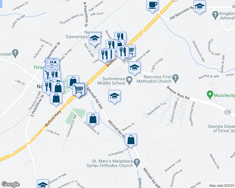 map of restaurants, bars, coffee shops, grocery stores, and more near 235 Price Place Northwest in Norcross