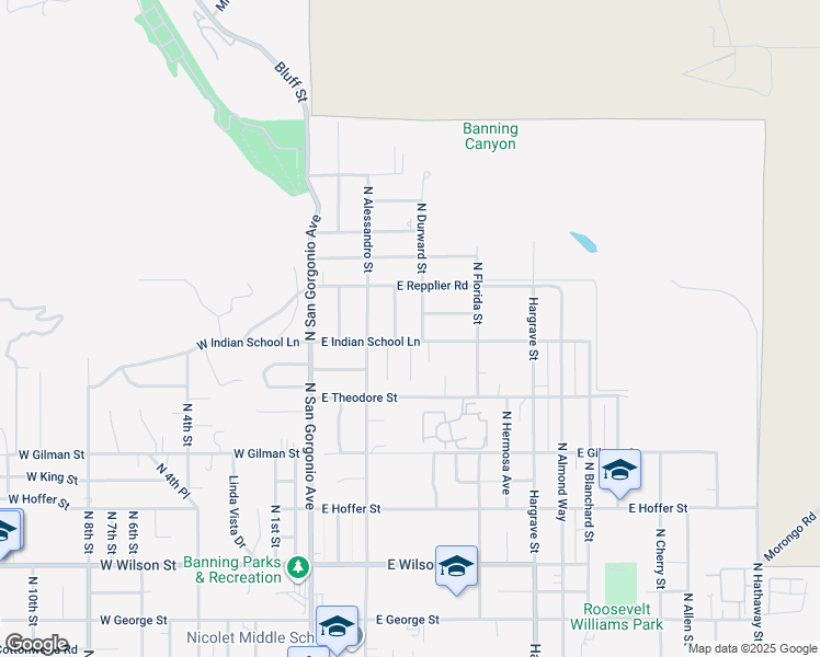 map of restaurants, bars, coffee shops, grocery stores, and more near 424 San Andreas Road in Banning