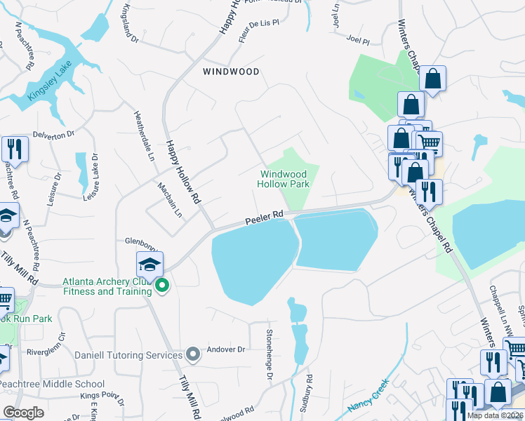 map of restaurants, bars, coffee shops, grocery stores, and more near 4880 Windwood Drive in Doraville