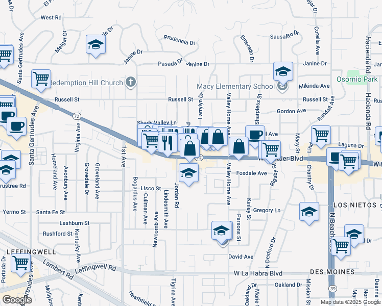 map of restaurants, bars, coffee shops, grocery stores, and more near 16435 Whittier Boulevard in Whittier