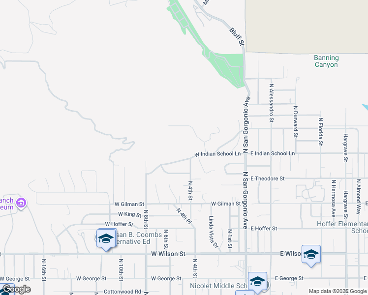 map of restaurants, bars, coffee shops, grocery stores, and more near 435 West Indian School Lane in Banning