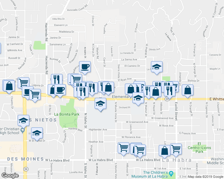 map of restaurants, bars, coffee shops, grocery stores, and more near 810 Linda Avenue in La Habra