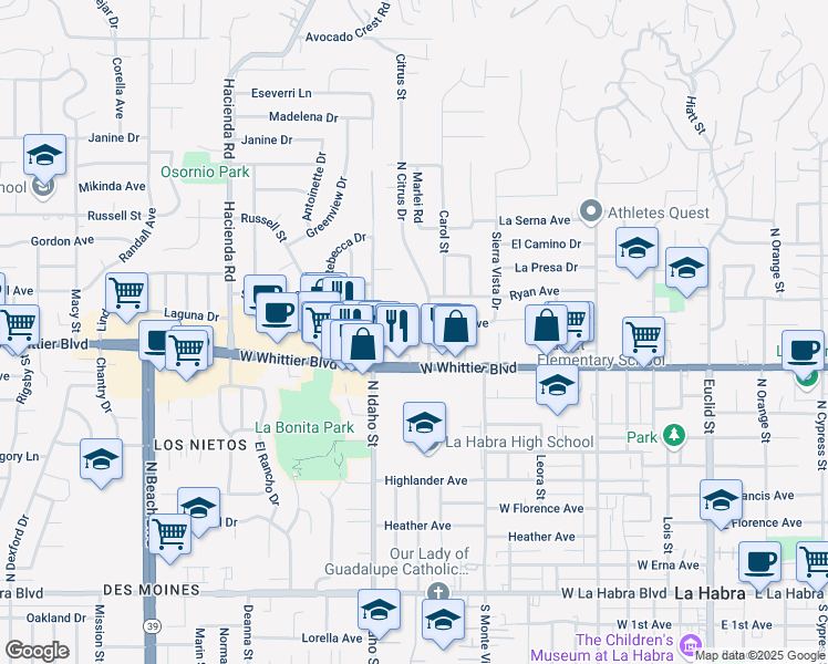 map of restaurants, bars, coffee shops, grocery stores, and more near 901 North Citrus Drive in La Habra