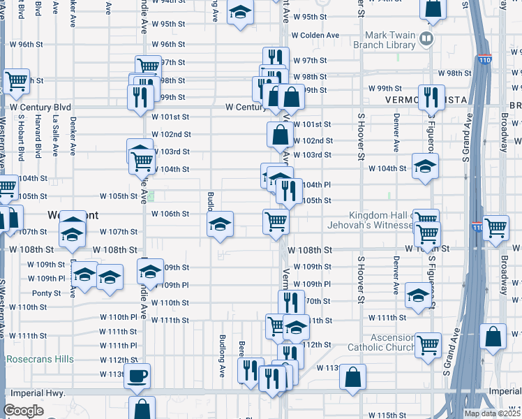 map of restaurants, bars, coffee shops, grocery stores, and more near 1031 West 106th Street in Los Angeles