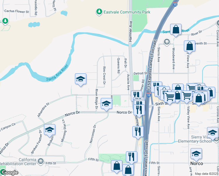 map of restaurants, bars, coffee shops, grocery stores, and more near 4088 Cedar Avenue in Norco