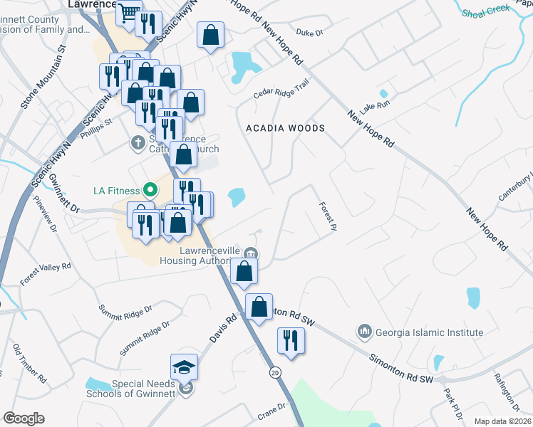 map of restaurants, bars, coffee shops, grocery stores, and more near 110 Kubol Drive in Lawrenceville