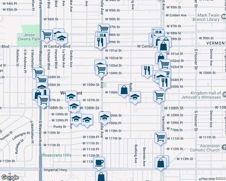 map of restaurants, bars, coffee shops, grocery stores, and more near 1315 West 106th Street in Los Angeles