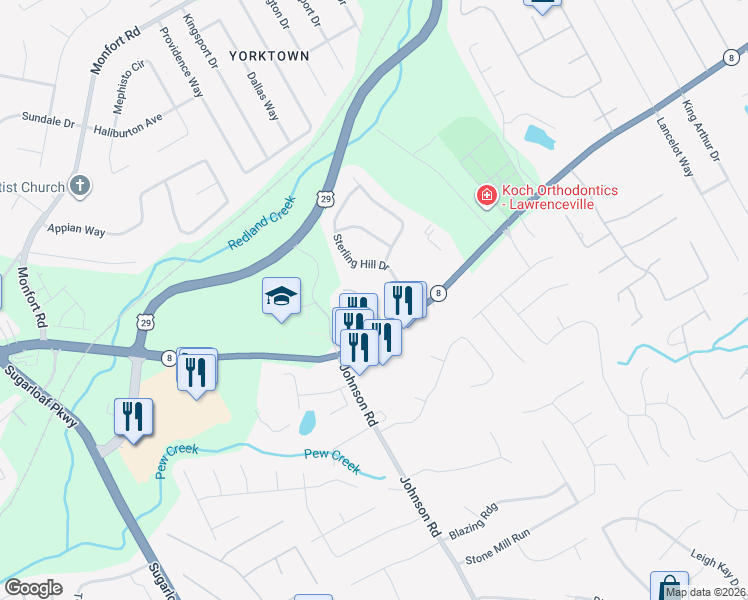 map of restaurants, bars, coffee shops, grocery stores, and more near 125 Fern Crest Drive in Lawrenceville