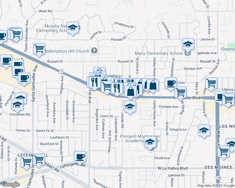 map of restaurants, bars, coffee shops, grocery stores, and more near 16347 Whittier Boulevard in Whittier