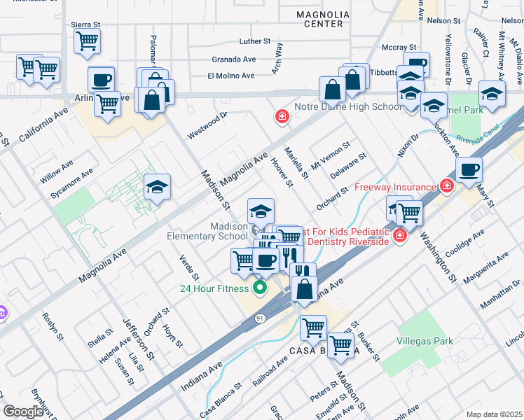 map of restaurants, bars, coffee shops, grocery stores, and more near 7410 Mount Vernon Street in Riverside