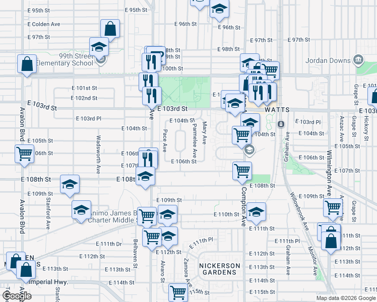 map of restaurants, bars, coffee shops, grocery stores, and more near 10520 East Zamora Avenue in Los Angeles