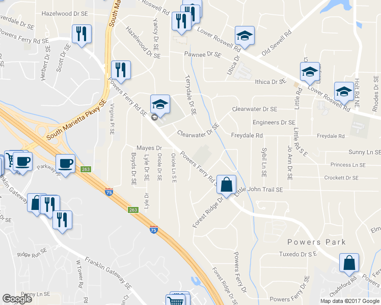 map of restaurants, bars, coffee shops, grocery stores, and more near 495 Powers Ferry Road Southeast in Marietta