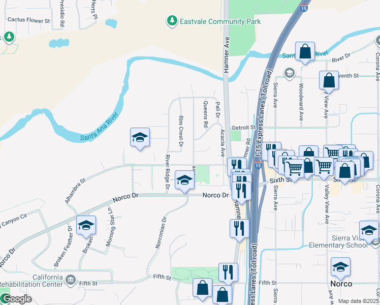 map of restaurants, bars, coffee shops, grocery stores, and more near 4088 Cedar Avenue in Norco