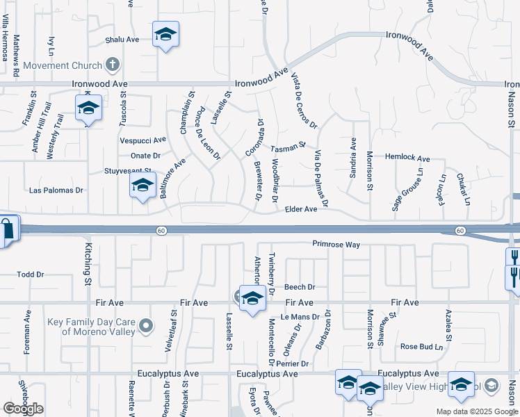 map of restaurants, bars, coffee shops, grocery stores, and more near 12438 Brewster Drive in Moreno Valley