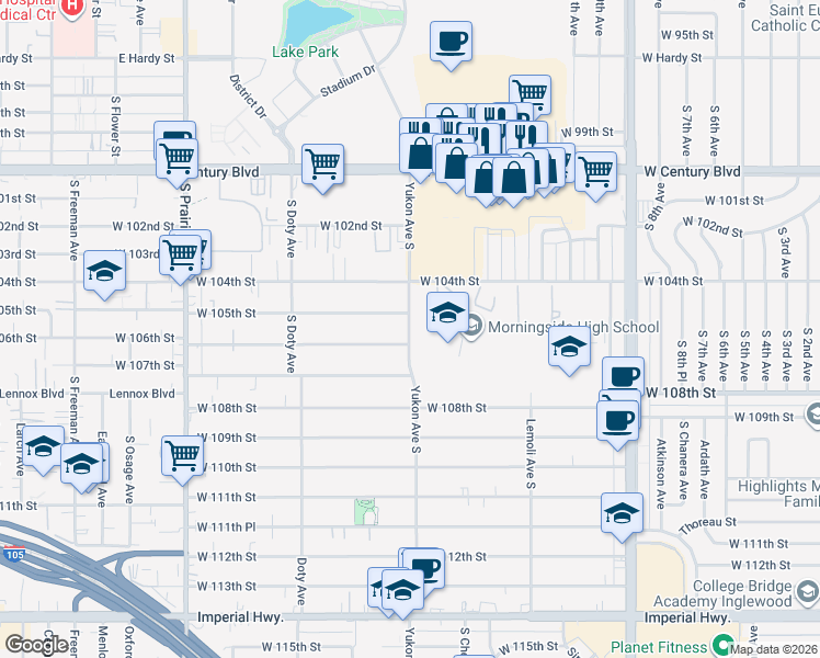 map of restaurants, bars, coffee shops, grocery stores, and more near 10515 Yukon Avenue South in Inglewood